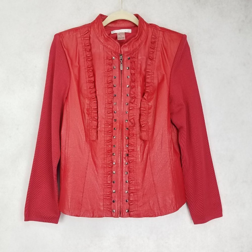 Peter Nygard Genuine Leather Jacket Studded Red Biker Moto Petite L Ruffle